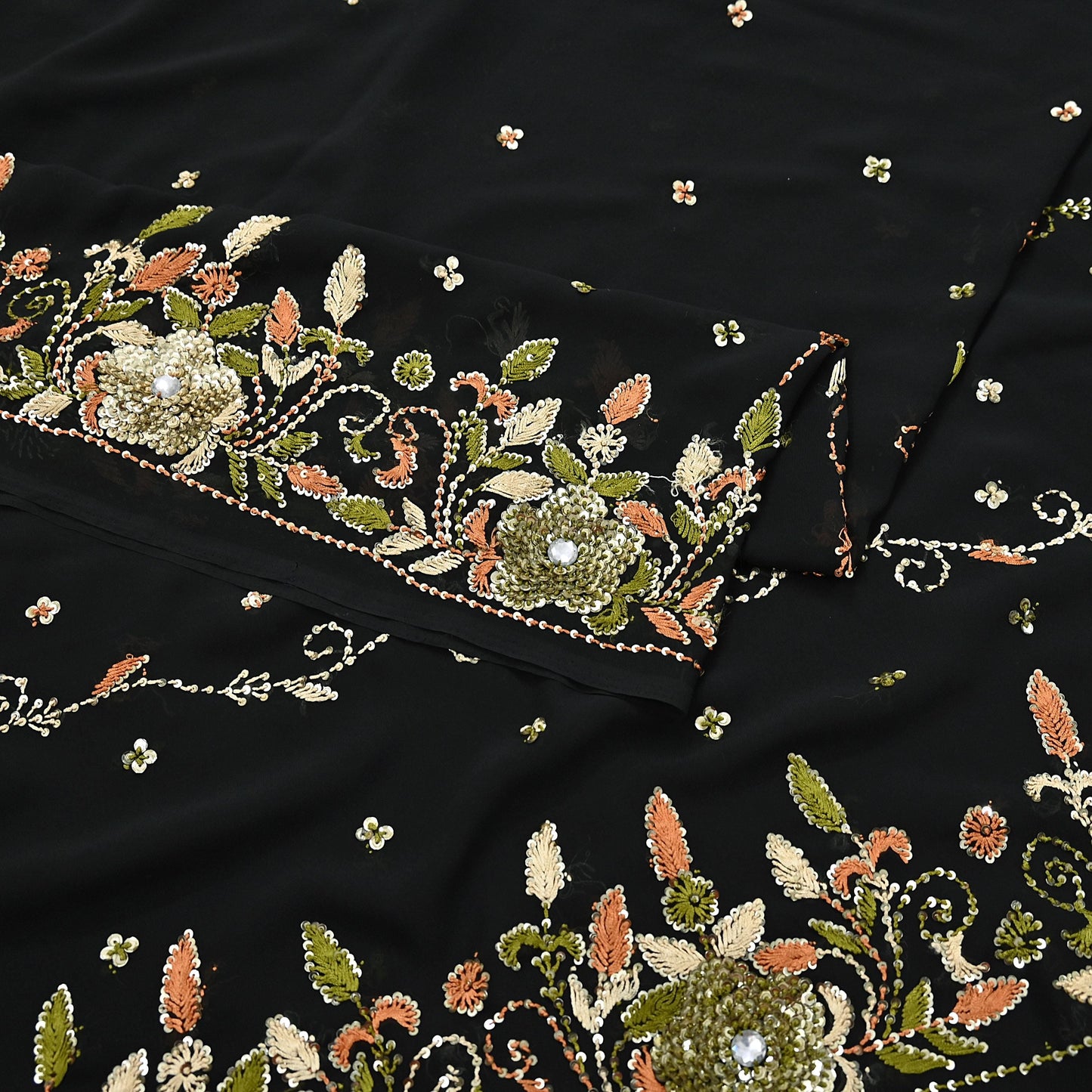 Indian Vintage Black Saree Georgette Hand Beaded Sari Fabric 5Yard Sewing Soft Ethnic Glass Beaded