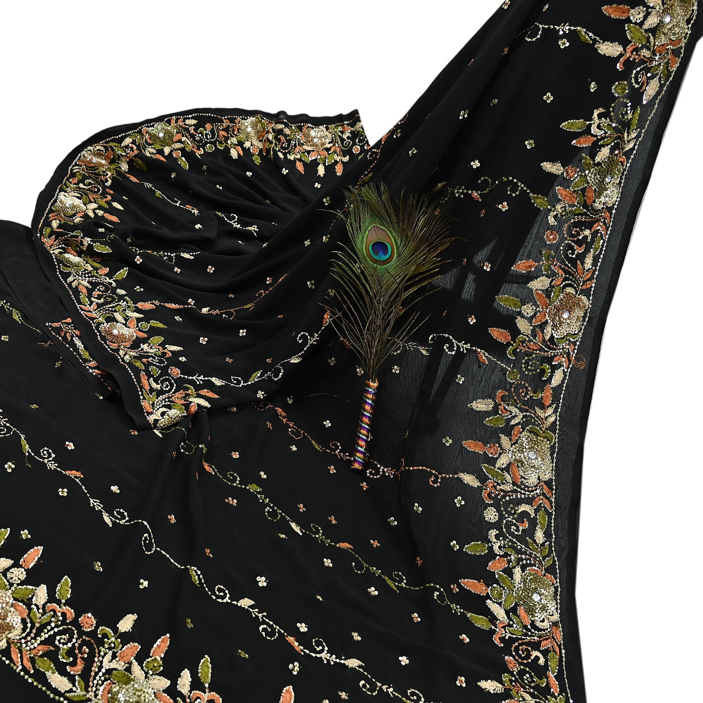 Indian Vintage Black Saree Georgette Hand Beaded Sari Fabric 5Yard Sewing Soft Ethnic Glass Beaded