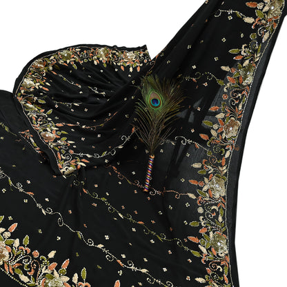 Indian Vintage Black Saree Georgette Hand Beaded Sari Fabric 5Yard Sewing Soft Ethnic Glass Beaded