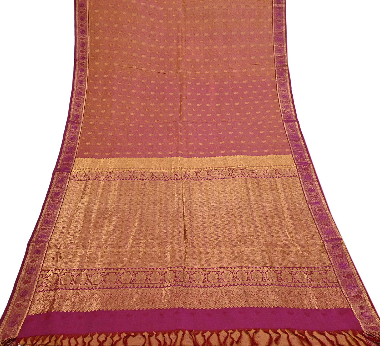 Indian Vintage Heavy Purple & Saffron Kanjivaram Saree 100% Pure Silk Sari Metallic Zari 5Yd Floral Crafting Dress making Ethnic Fringes