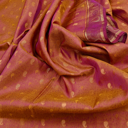 Indian Vintage Heavy Purple & Saffron Kanjivaram Saree 100% Pure Silk Sari Metallic Zari 5Yd Floral Crafting Dress making Ethnic Fringes