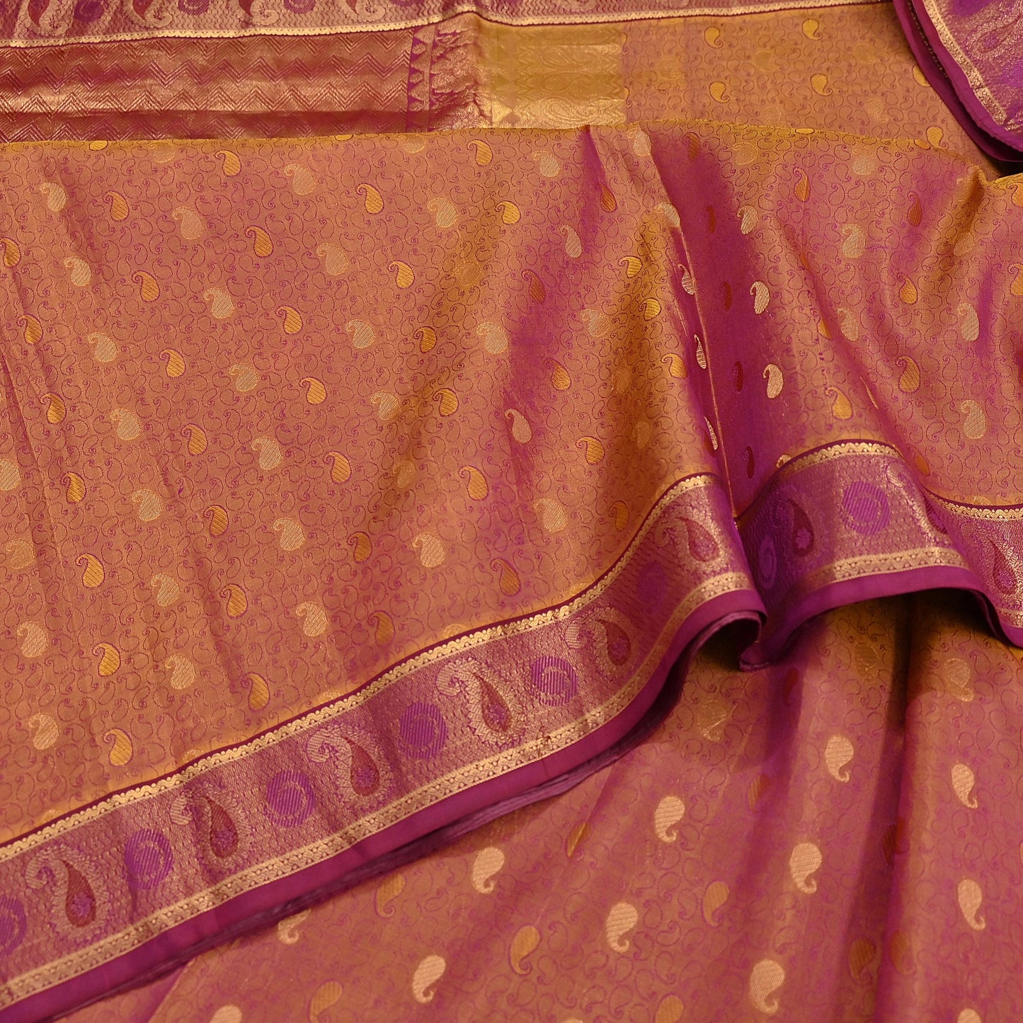 Indian Vintage Heavy Purple & Saffron Kanjivaram Saree 100% Pure Silk Sari Metallic Zari 5Yd Floral Crafting Dress making Ethnic Fringes