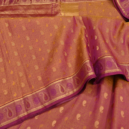 Indian Vintage Heavy Purple & Saffron Kanjivaram Saree 100% Pure Silk Sari Metallic Zari 5Yd Floral Crafting Dress making Ethnic Fringes