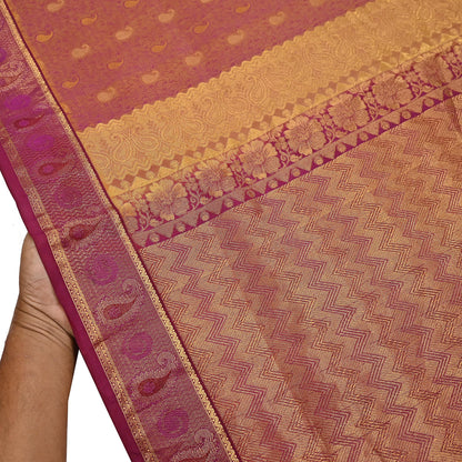 Indian Vintage Heavy Purple & Saffron Kanjivaram Saree 100% Pure Silk Sari Metallic Zari 5Yd Floral Crafting Dress making Ethnic Fringes