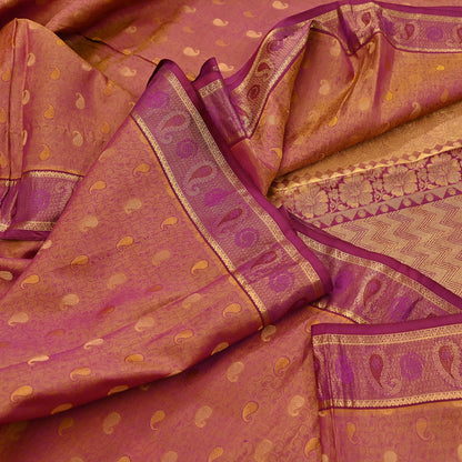 Indian Vintage Heavy Purple & Saffron Kanjivaram Saree 100% Pure Silk Sari Metallic Zari 5Yd Floral Crafting Dress making Ethnic Fringes
