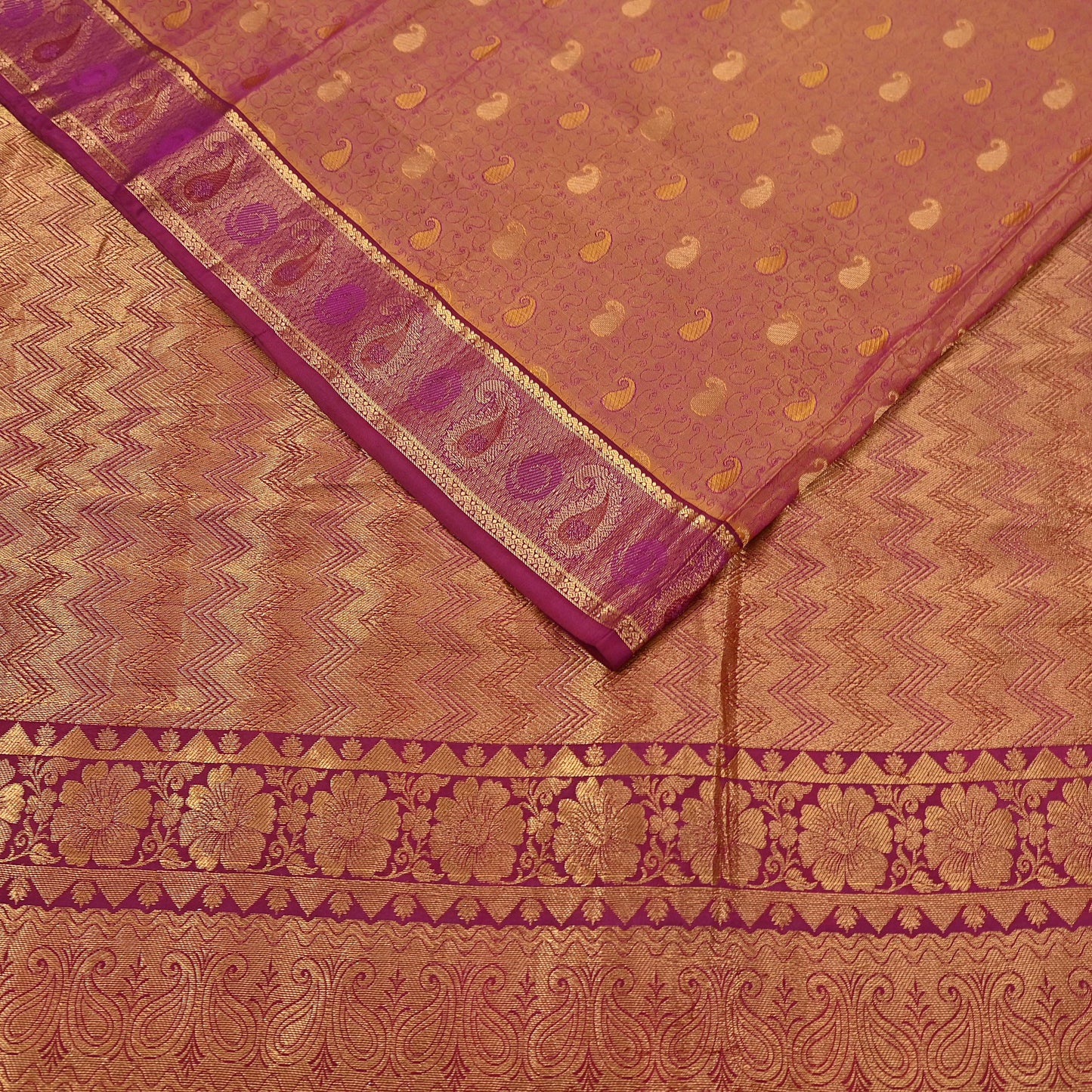 Indian Vintage Heavy Purple & Saffron Kanjivaram Saree 100% Pure Silk Sari Metallic Zari 5Yd Floral Crafting Dress making Ethnic Fringes