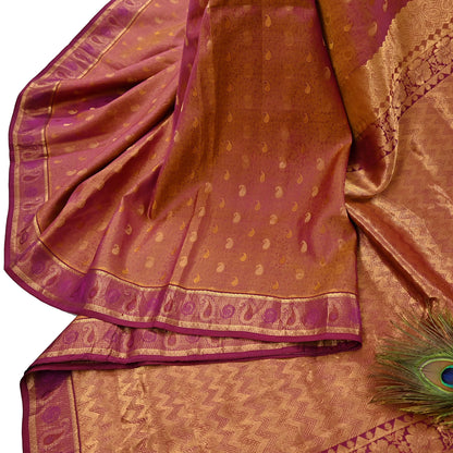Indian Vintage Heavy Purple & Saffron Kanjivaram Saree 100% Pure Silk Sari Metallic Zari 5Yd Floral Crafting Dress making Ethnic Fringes