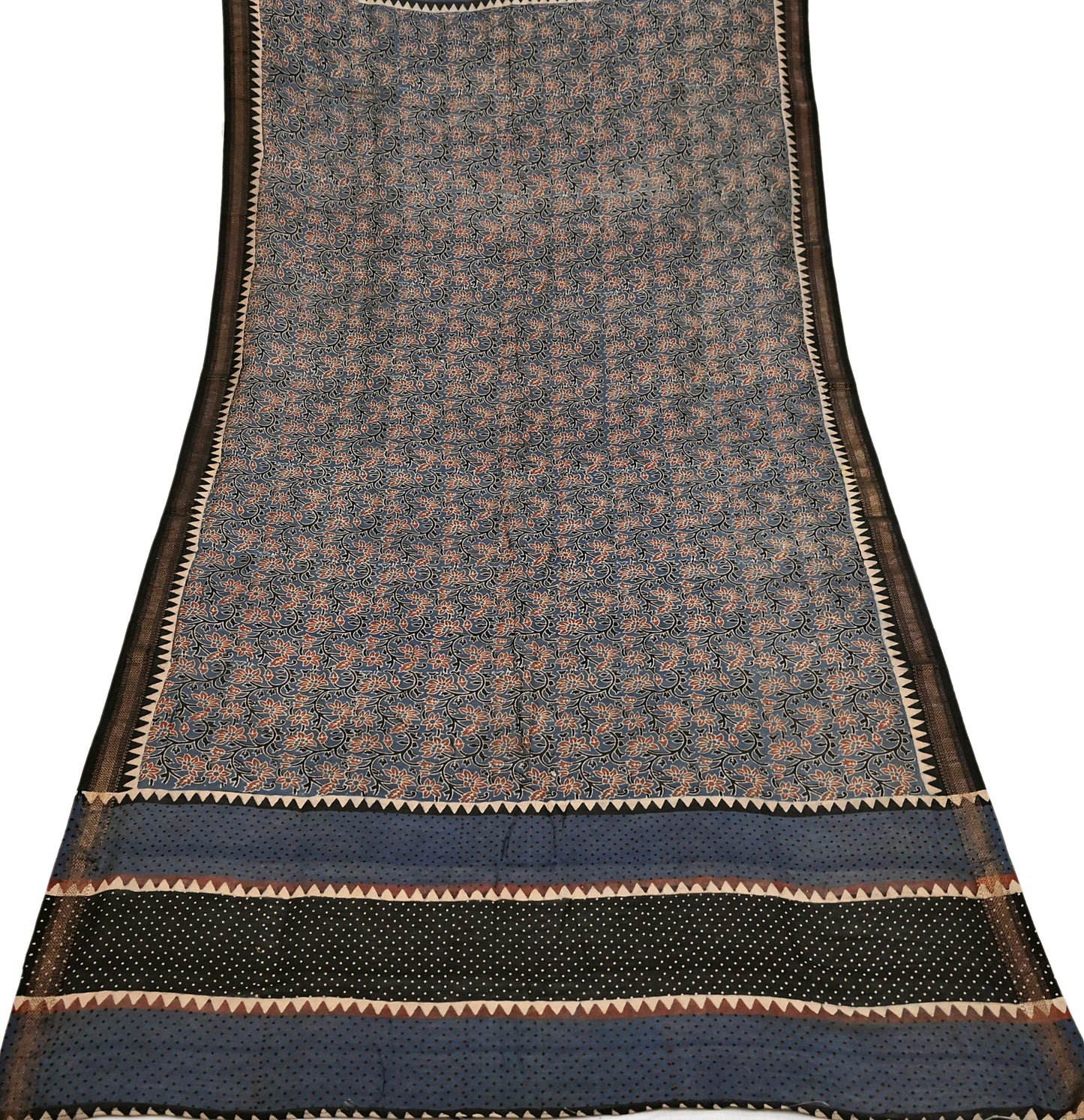 Indian Vintage Blue & Black Dupatta Long Stole Hand Block Print Pure Chanderi Silk Scarves Veil Golden Zari