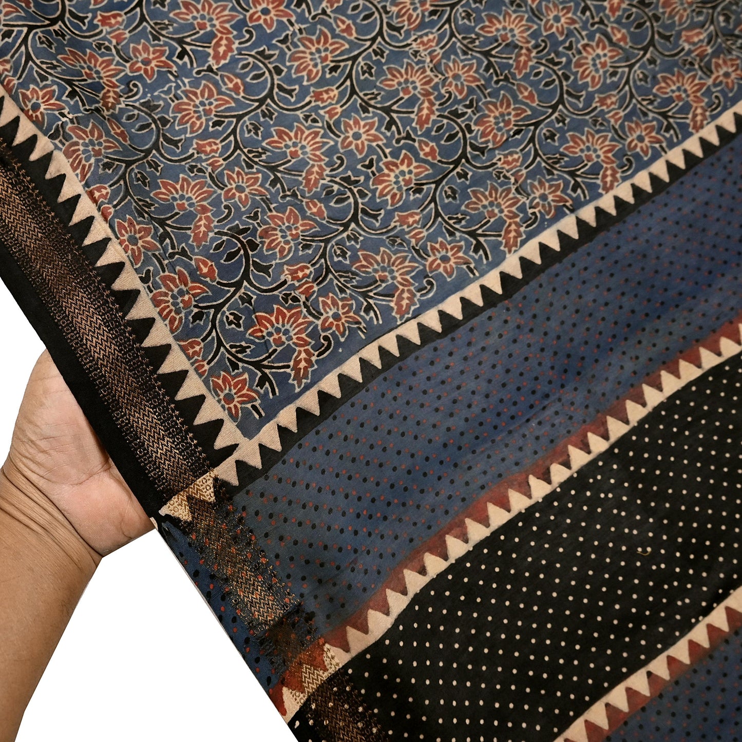 Indian Vintage Blue & Black Dupatta Long Stole Hand Block Print Pure Chanderi Silk Scarves Veil Golden Zari
