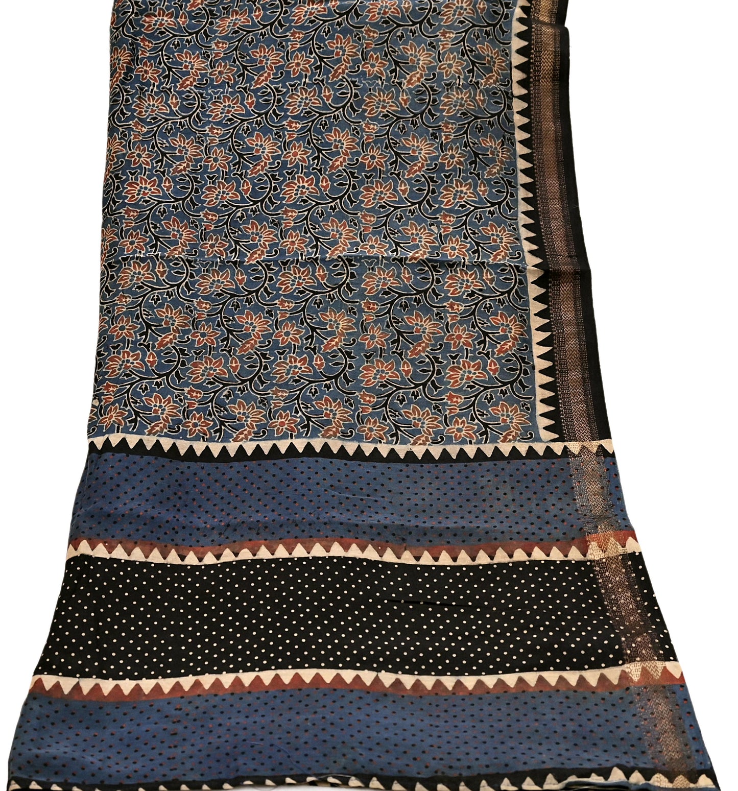 Indian Vintage Blue & Black Dupatta Long Stole Hand Block Print Pure Chanderi Silk Scarves Veil Golden Zari