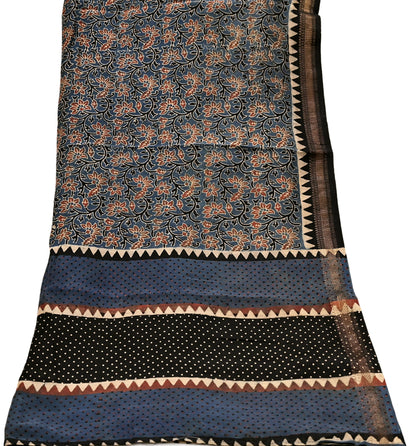 Indian Vintage Blue & Black Dupatta Long Stole Hand Block Print Pure Chanderi Silk Scarves Veil Golden Zari