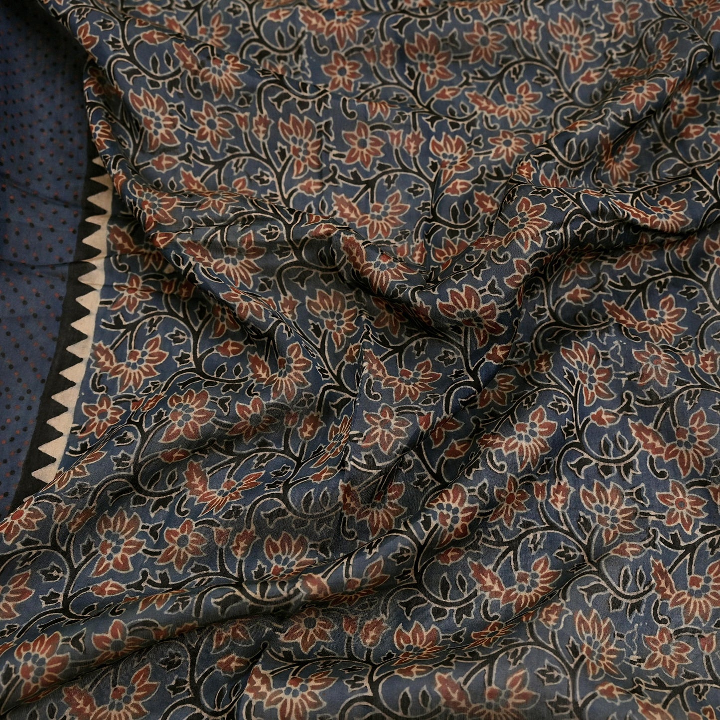 Indian Vintage Blue & Black Dupatta Long Stole Hand Block Print Pure Chanderi Silk Scarves Veil Golden Zari