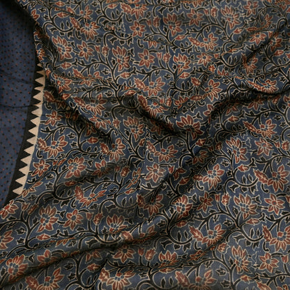 Indian Vintage Blue & Black Dupatta Long Stole Hand Block Print Pure Chanderi Silk Scarves Veil Golden Zari