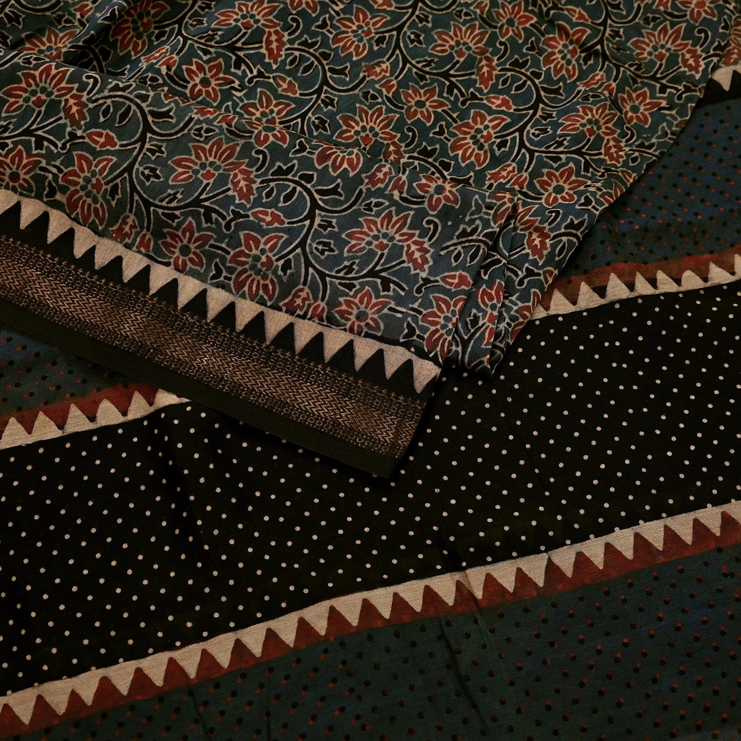Indian Vintage Blue & Black Dupatta Long Stole Hand Block Print Pure Chanderi Silk Scarves Veil Golden Zari