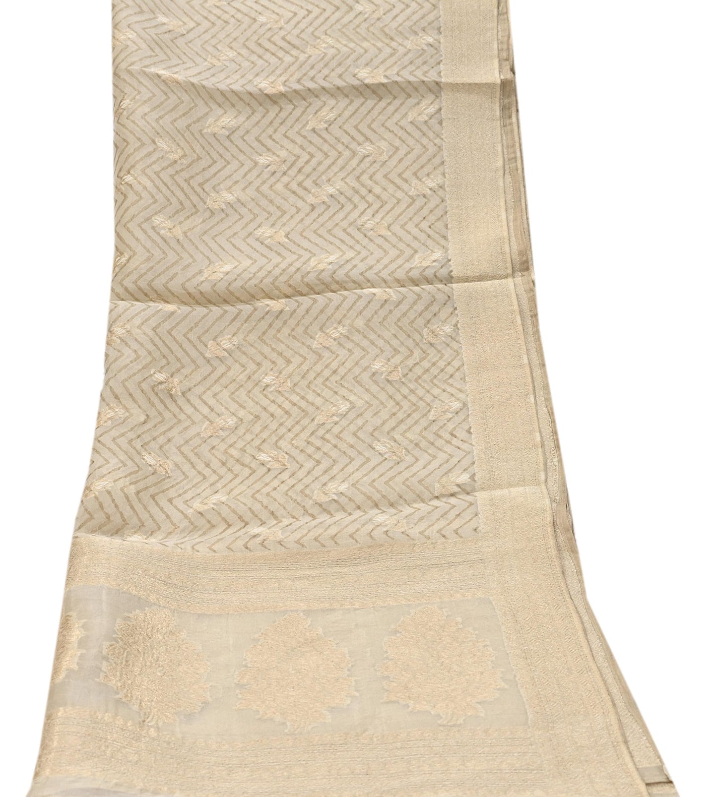 Indian Vintage Dupatta Ivory Pure Organza Silk Long Stole Woven Scarves Veil Zari Soft Stripes Design