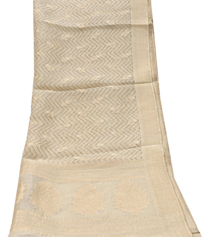 Indian Vintage Dupatta Ivory Pure Organza Silk Long Stole Woven Scarves Veil Zari Soft Stripes Design