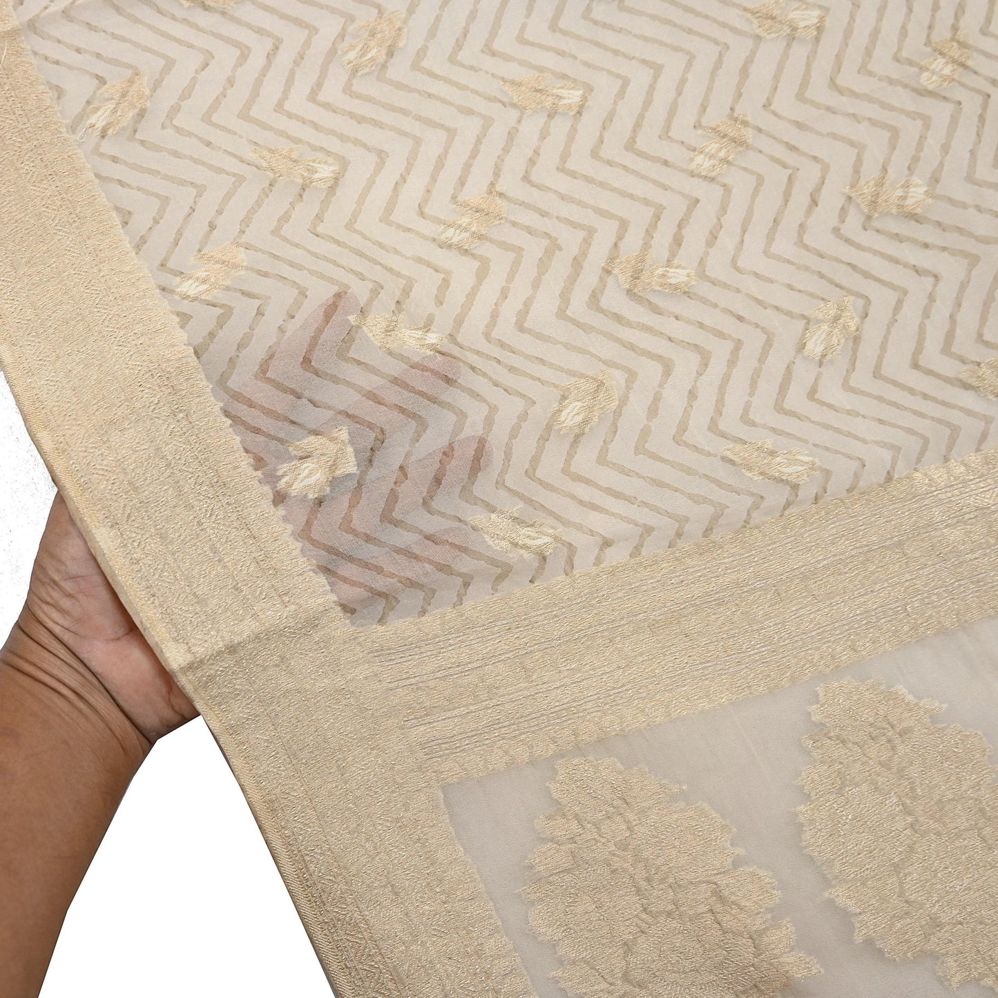 Indian Vintage Dupatta Ivory Pure Organza Silk Long Stole Woven Scarves Veil Zari Soft Stripes Design