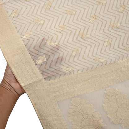 Indian Vintage Dupatta Ivory Pure Organza Silk Long Stole Woven Scarves Veil Zari Soft Stripes Design