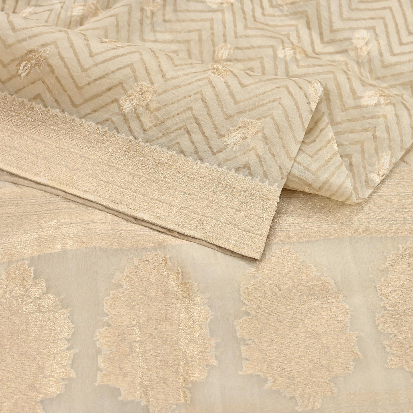 Indian Vintage Dupatta Ivory Pure Organza Silk Long Stole Woven Scarves Veil Zari Soft Stripes Design
