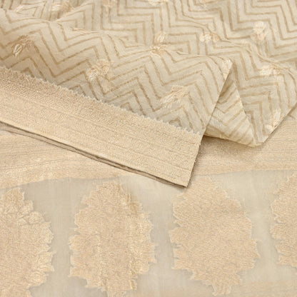 Indian Vintage Dupatta Ivory Pure Organza Silk Long Stole Woven Scarves Veil Zari Soft Stripes Design