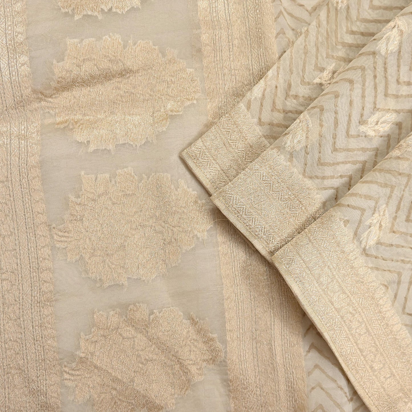 Indian Vintage Dupatta Ivory Pure Organza Silk Long Stole Woven Scarves Veil Zari Soft Stripes Design