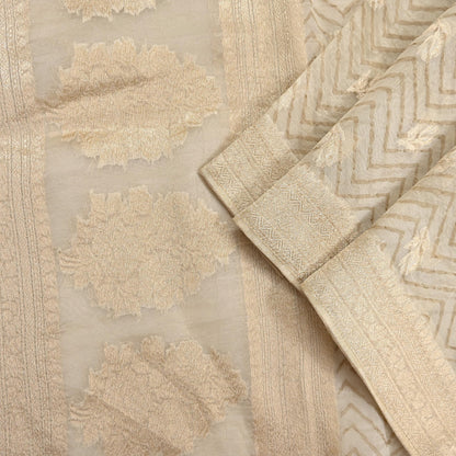 Indian Vintage Dupatta Ivory Pure Organza Silk Long Stole Woven Scarves Veil Zari Soft Stripes Design