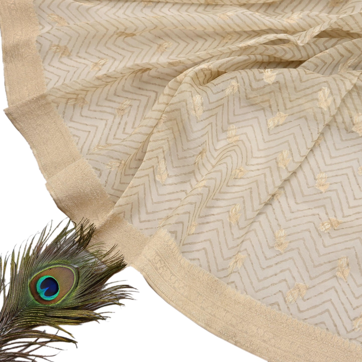 Indian Vintage Dupatta Ivory Pure Organza Silk Long Stole Woven Scarves Veil Zari Soft Stripes Design