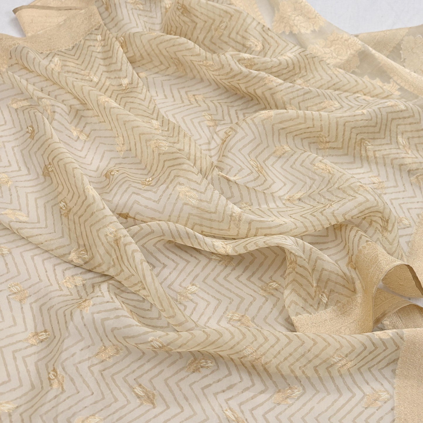 Indian Vintage Dupatta Ivory Pure Organza Silk Long Stole Woven Scarves Veil Zari Soft Stripes Design