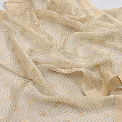 Indian Vintage Dupatta Ivory Pure Organza Silk Long Stole Woven Scarves Veil Zari Soft Stripes Design
