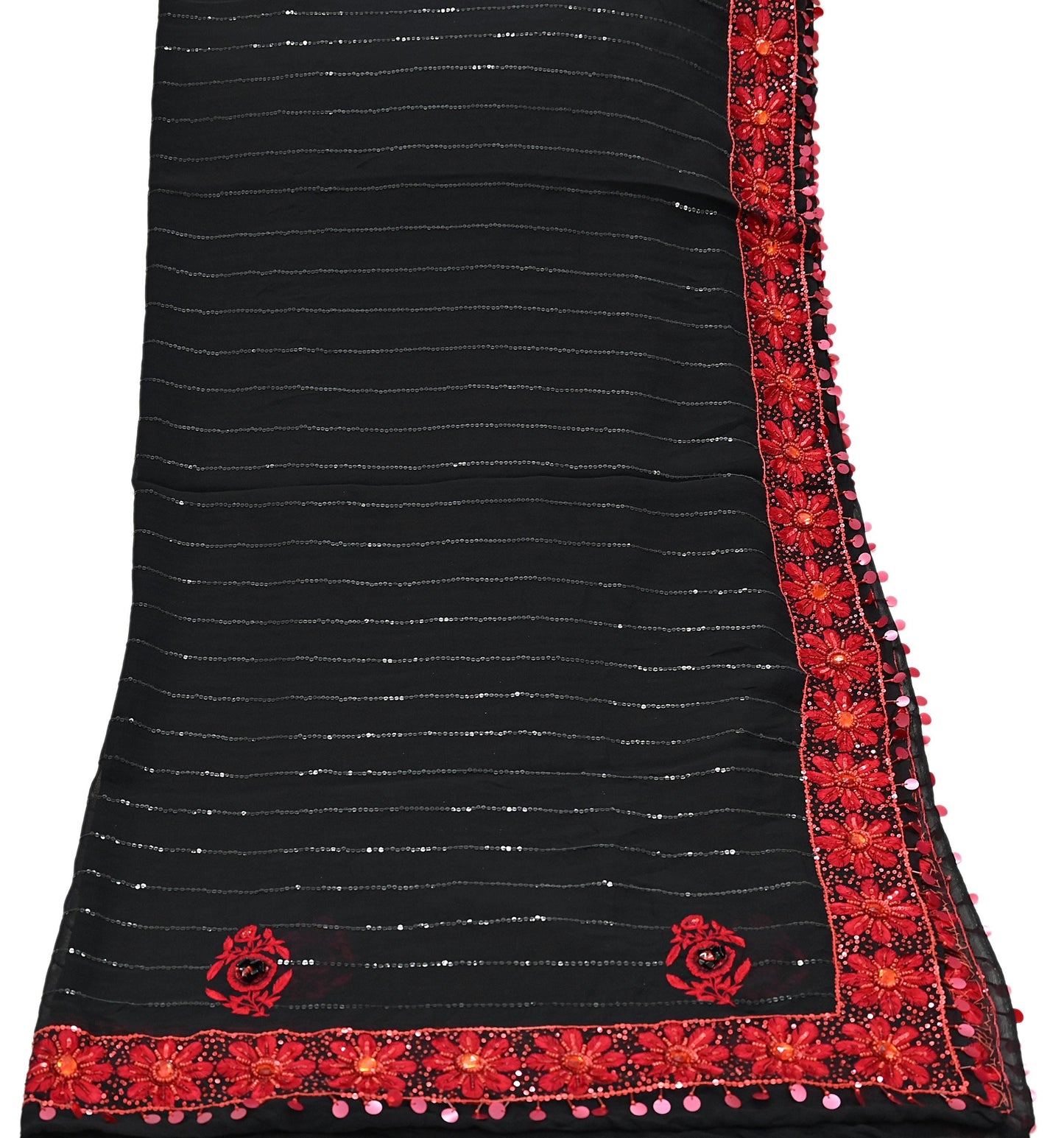 Indian Vintage Black Dupatta Pure Georgette silk Long Stole Hand Embroidered Scarves Stole Veil Wrap Sequins Dabka/ Zardozi