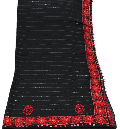Indian Vintage Black Dupatta Pure Georgette silk Long Stole Hand Embroidered Scarves Stole Veil Wrap Sequins Dabka/ Zardozi