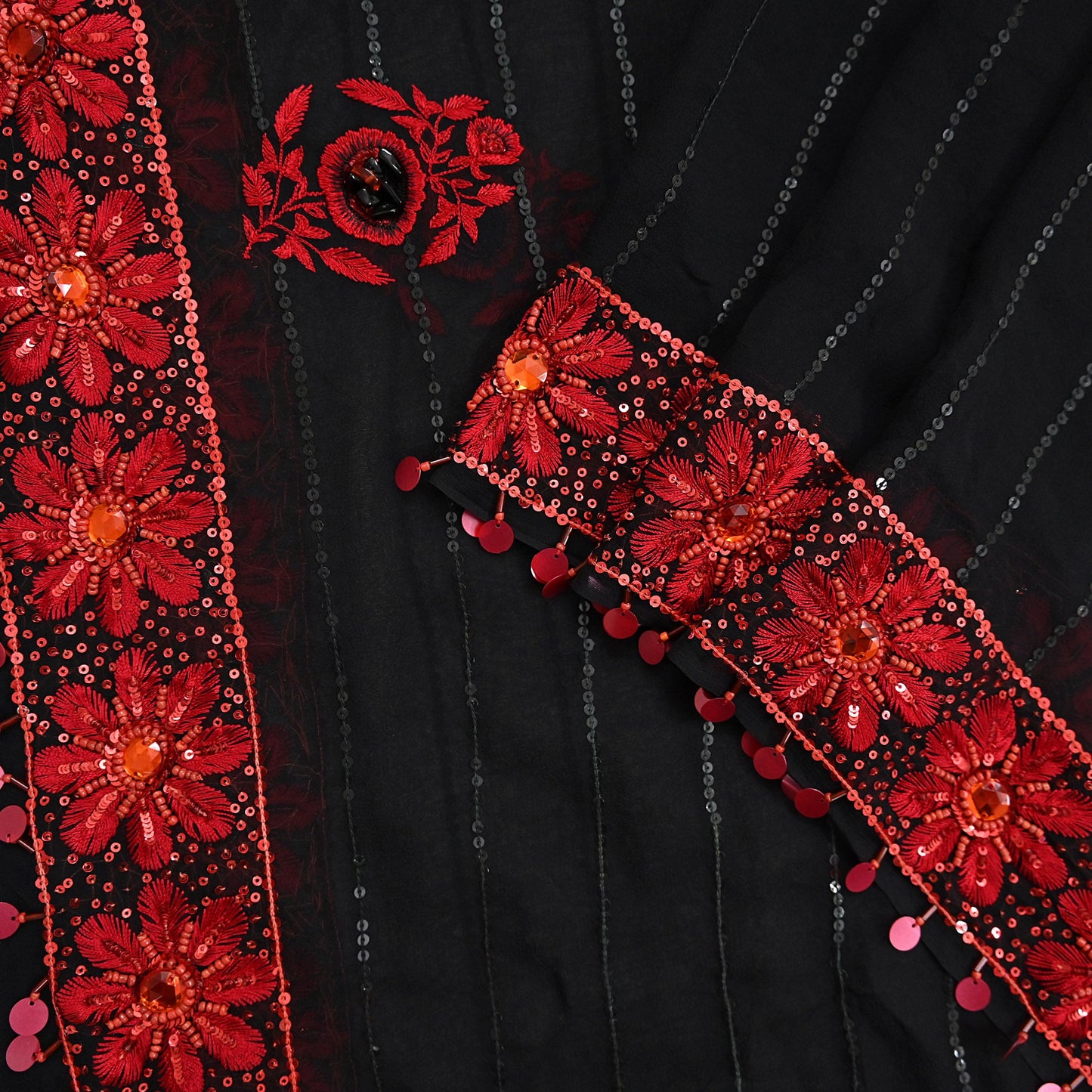 Indian Vintage Black Dupatta Pure Georgette silk Long Stole Hand Embroidered Scarves Stole Veil Wrap Sequins Dabka/ Zardozi