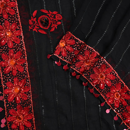 Indian Vintage Black Dupatta Pure Georgette silk Long Stole Hand Embroidered Scarves Stole Veil Wrap Sequins Dabka/ Zardozi