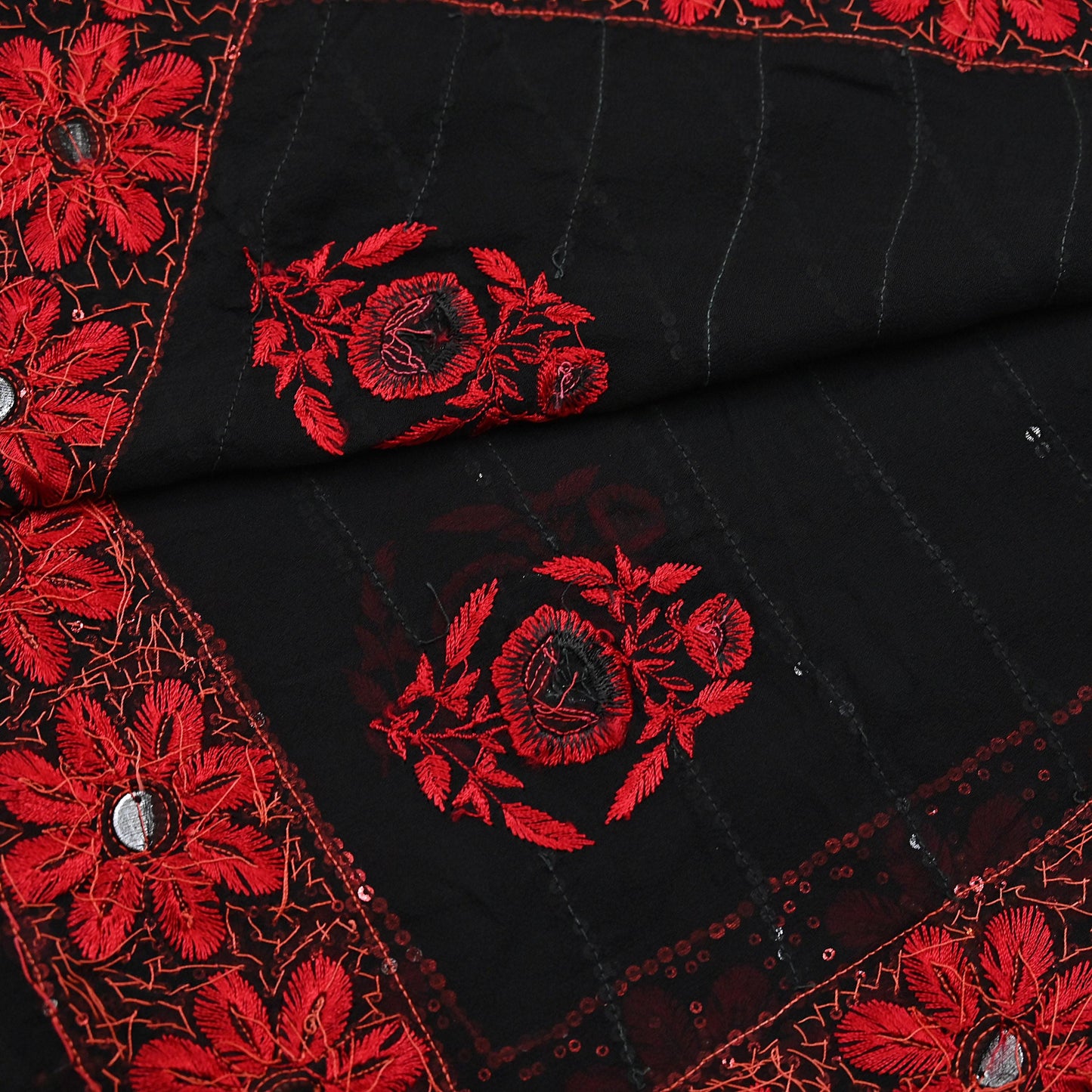 Indian Vintage Black Dupatta Pure Georgette silk Long Stole Hand Embroidered Scarves Stole Veil Wrap Sequins Dabka/ Zardozi