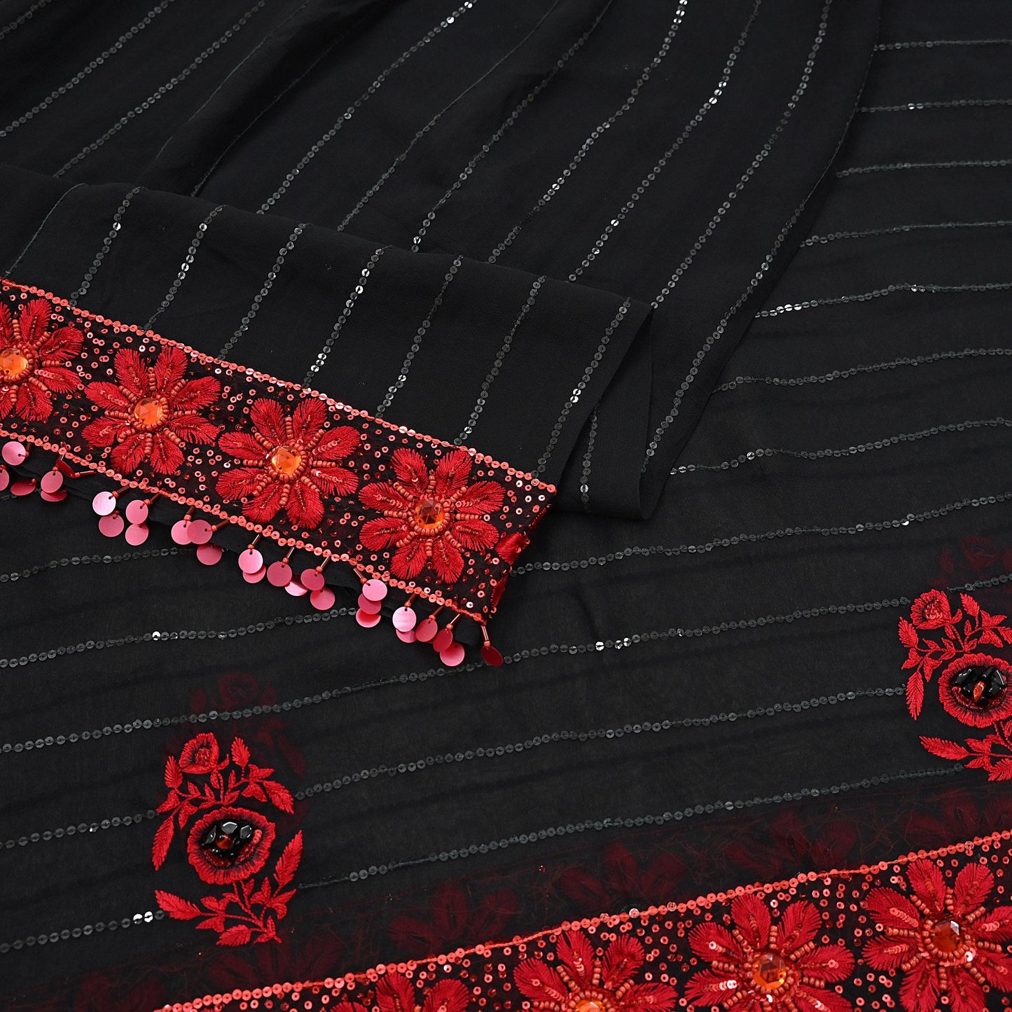 Indian Vintage Black Dupatta Pure Georgette silk Long Stole Hand Embroidered Scarves Stole Veil Wrap Sequins Dabka/ Zardozi