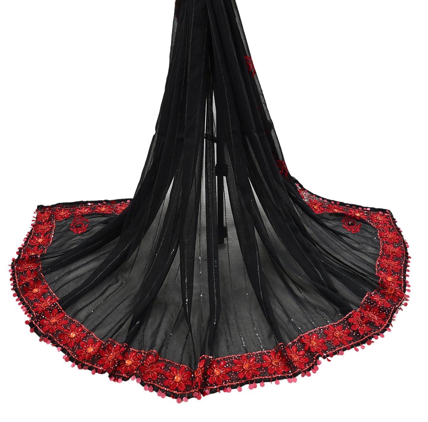 Indian Vintage Black Dupatta Pure Georgette silk Long Stole Hand Embroidered Scarves Stole Veil Wrap Sequins Dabka/ Zardozi