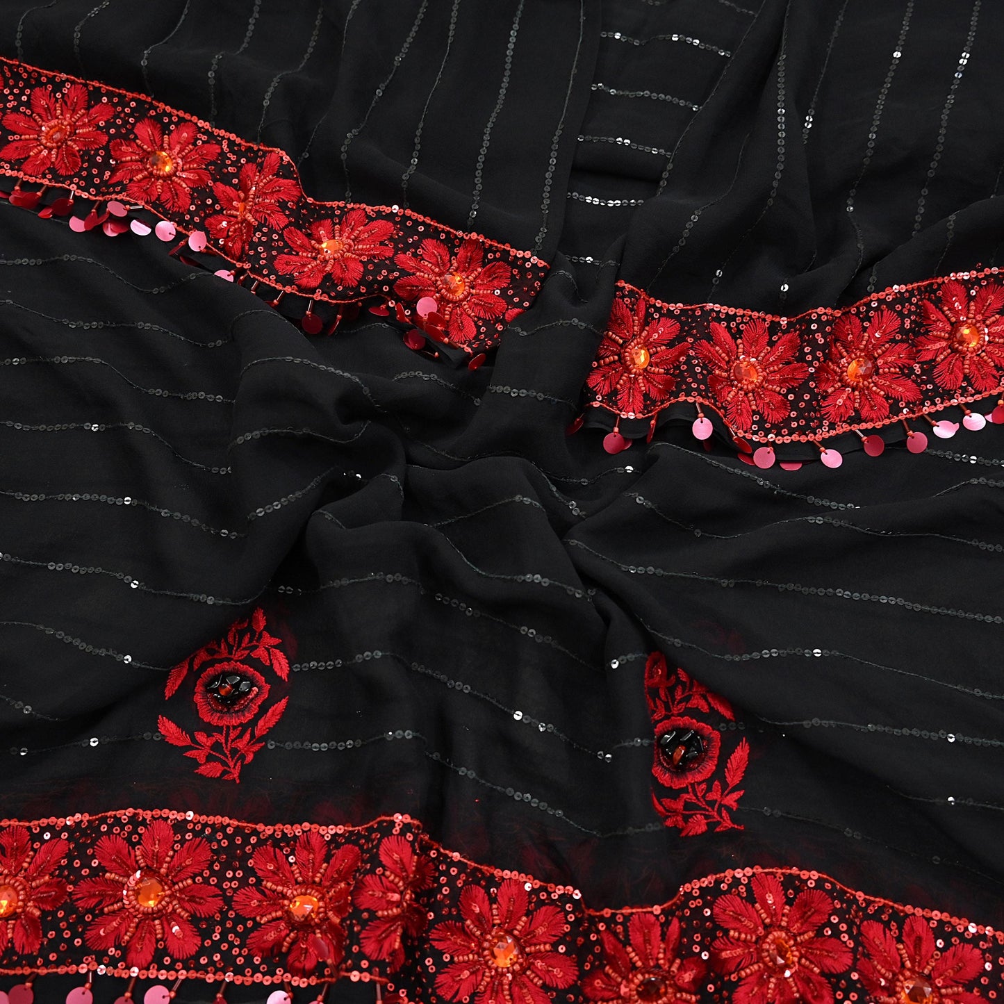 Indian Vintage Black Dupatta Pure Georgette silk Long Stole Hand Embroidered Scarves Stole Veil Wrap Sequins Dabka/ Zardozi