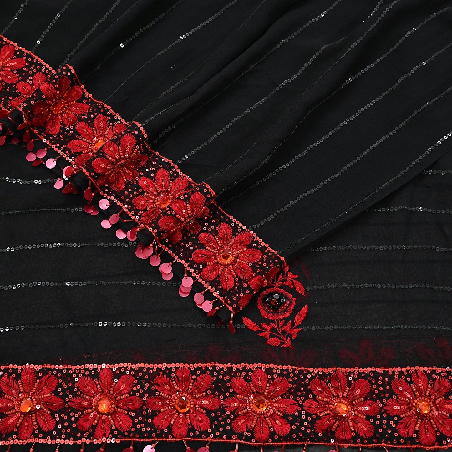 Indian Vintage Black Dupatta Pure Georgette silk Long Stole Hand Embroidered Scarves Stole Veil Wrap Sequins Dabka/ Zardozi