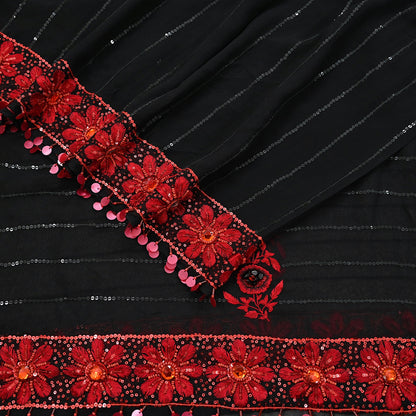 Indian Vintage Black Dupatta Pure Georgette silk Long Stole Hand Embroidered Scarves Stole Veil Wrap Sequins Dabka/ Zardozi