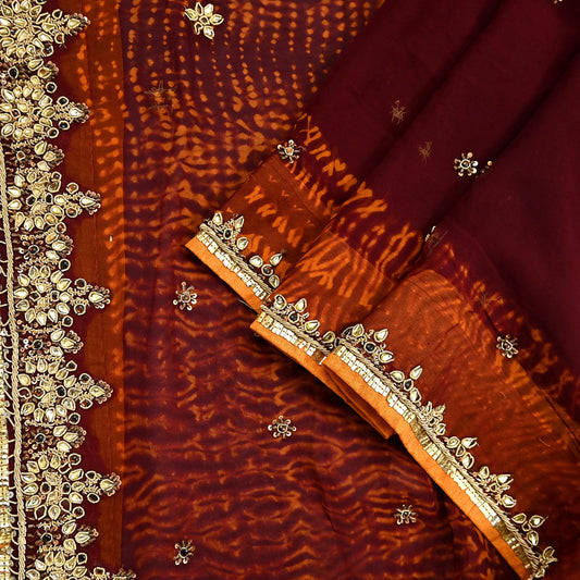 Indian Vintage Heavy Maroon Dupatta Pure Georgette silk Long Stole Hand Embroidered Leheria Scarves Stole Veil Wrap