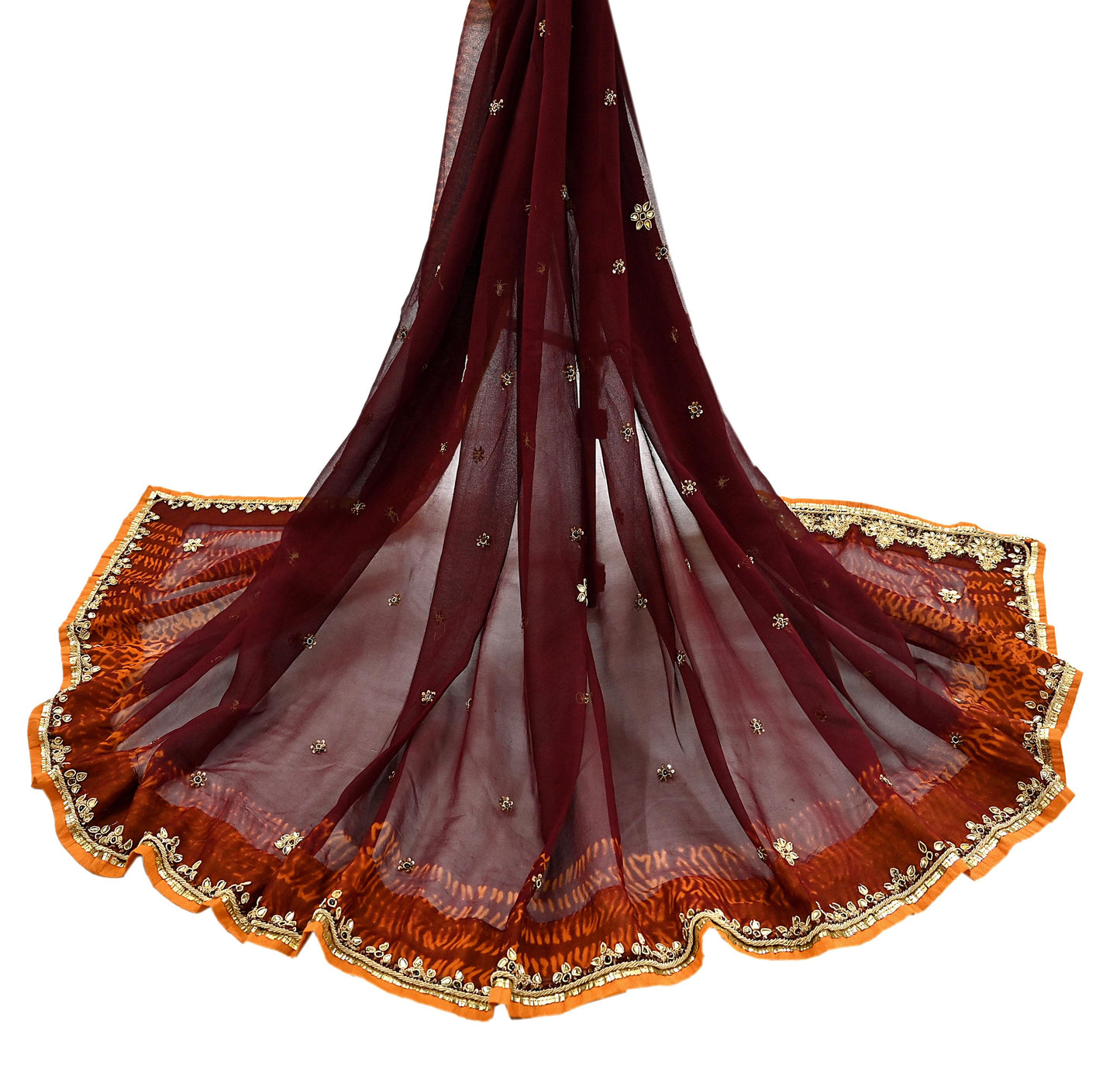 Indian Vintage Heavy Maroon Dupatta Pure Georgette silk Long Stole Hand Embroidered Leheria Scarves Stole Veil Wrap