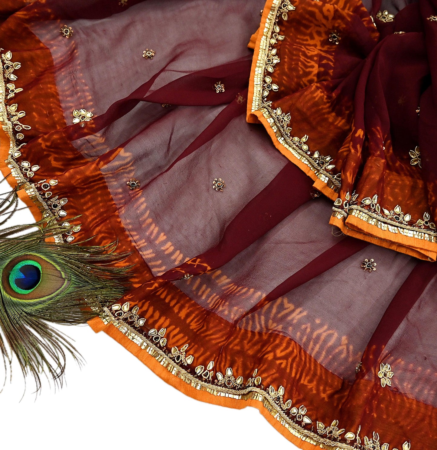Indian Vintage Heavy Maroon Dupatta Pure Georgette silk Long Stole Hand Embroidered Leheria Scarves Stole Veil Wrap