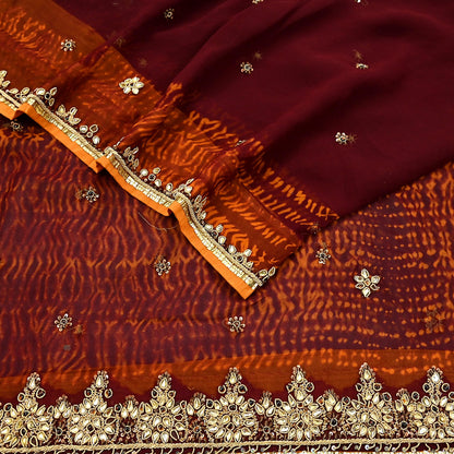 Indian Vintage Heavy Maroon Dupatta Pure Georgette silk Long Stole Hand Embroidered Leheria Scarves Stole Veil Wrap