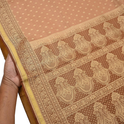 Indian Vintage Sari Brown & Beige Heavy Pure Satin Silk Woven Banarasi Tanchoi Saree 5Yd Ethnic Craft Fabric Upcycle Bridal Heavy Sarees