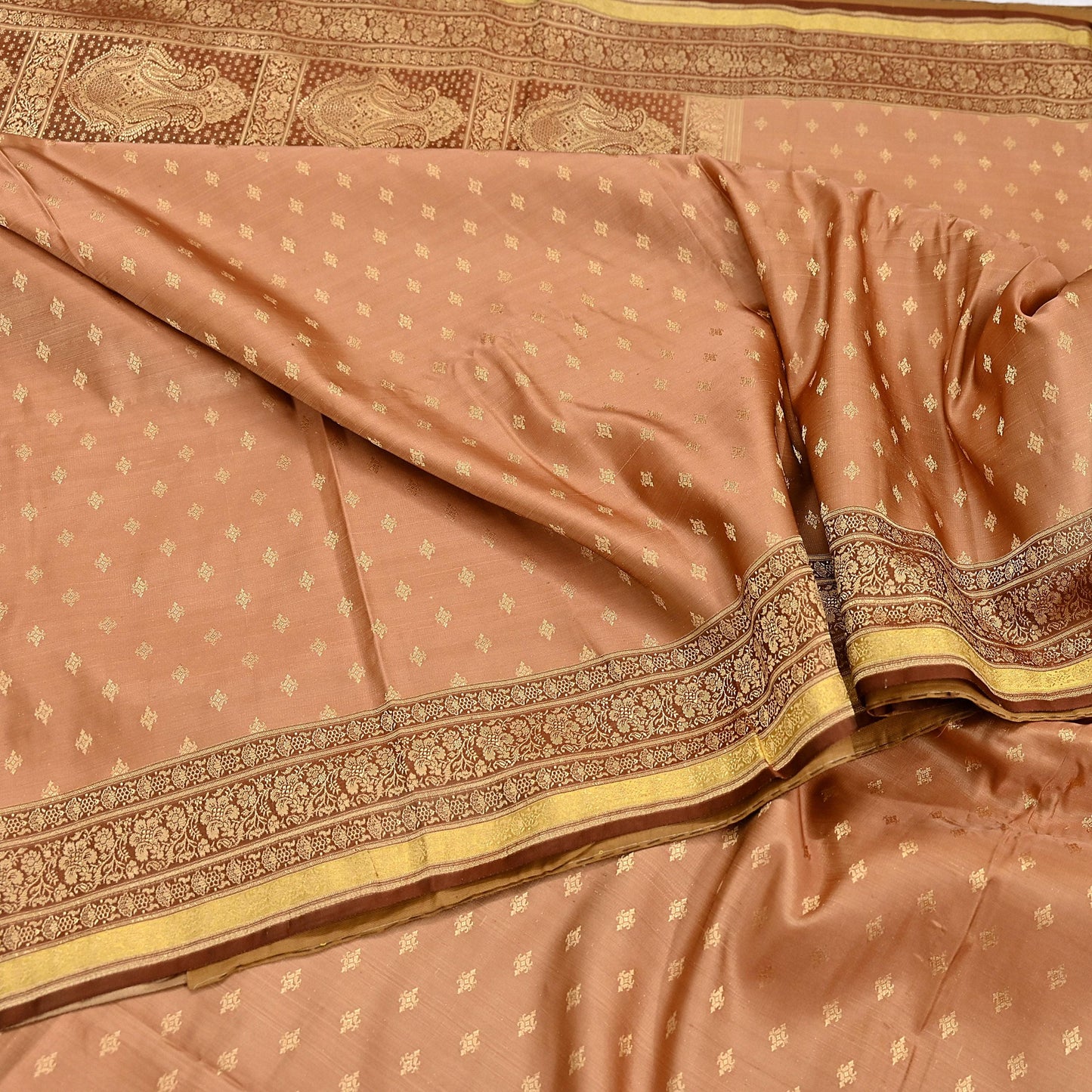 Indian Vintage Sari Brown & Beige Heavy Pure Satin Silk Woven Banarasi Tanchoi Saree 5Yd Ethnic Craft Fabric Upcycle Bridal Heavy Sarees