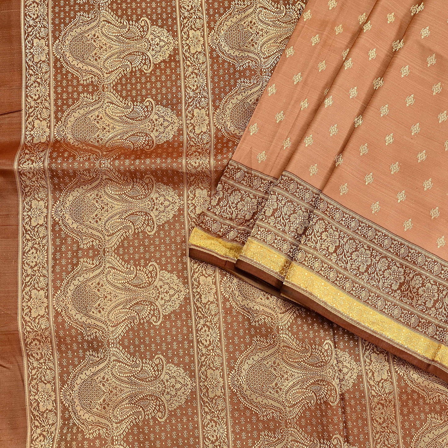 Indian Vintage Sari Brown & Beige Heavy Pure Satin Silk Woven Banarasi Tanchoi Saree 5Yd Ethnic Craft Fabric Upcycle Bridal Heavy Sarees