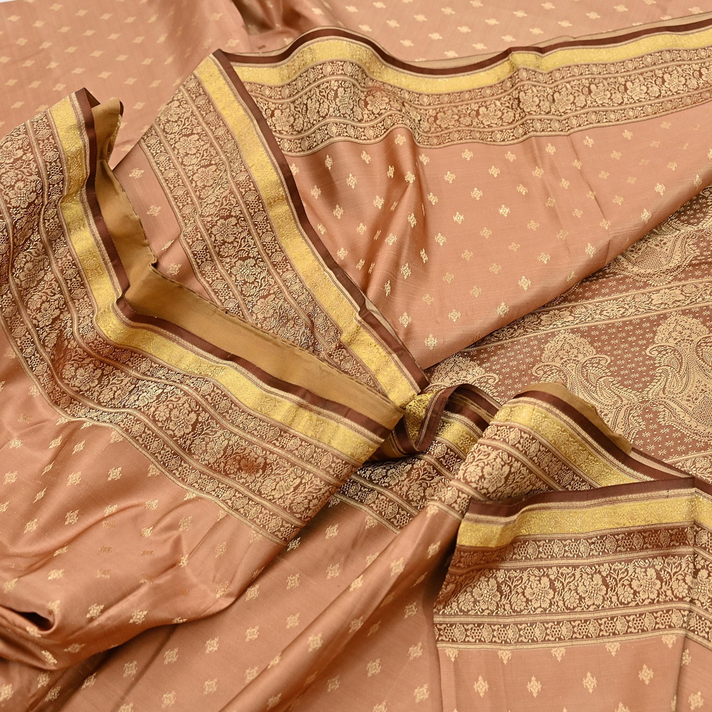 Indian Vintage Sari Brown & Beige Heavy Pure Satin Silk Woven Banarasi Tanchoi Saree 5Yd Ethnic Craft Fabric Upcycle Bridal Heavy Sarees
