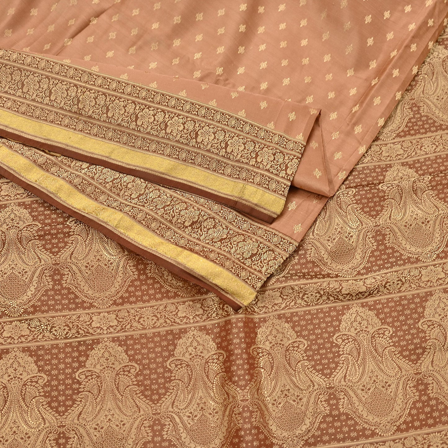 Indian Vintage Sari Brown & Beige Heavy Pure Satin Silk Woven Banarasi Tanchoi Saree 5Yd Ethnic Craft Fabric Upcycle Bridal Heavy Sarees