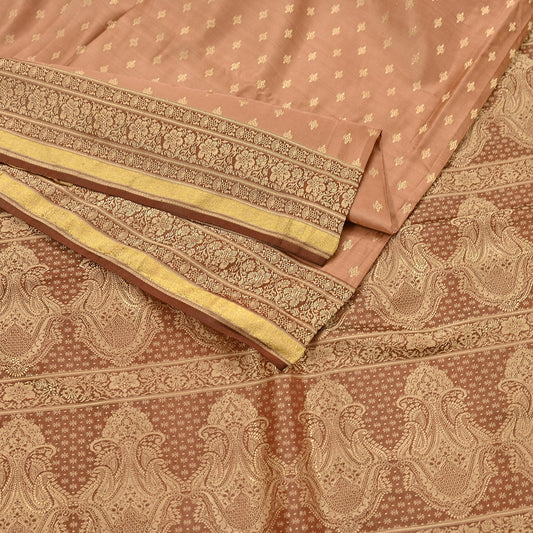 Indian Vintage Sari Brown & Beige Heavy Pure Satin Silk Woven Banarasi Tanchoi Saree 5Yd Ethnic Craft Fabric Upcycle Bridal Heavy Sarees