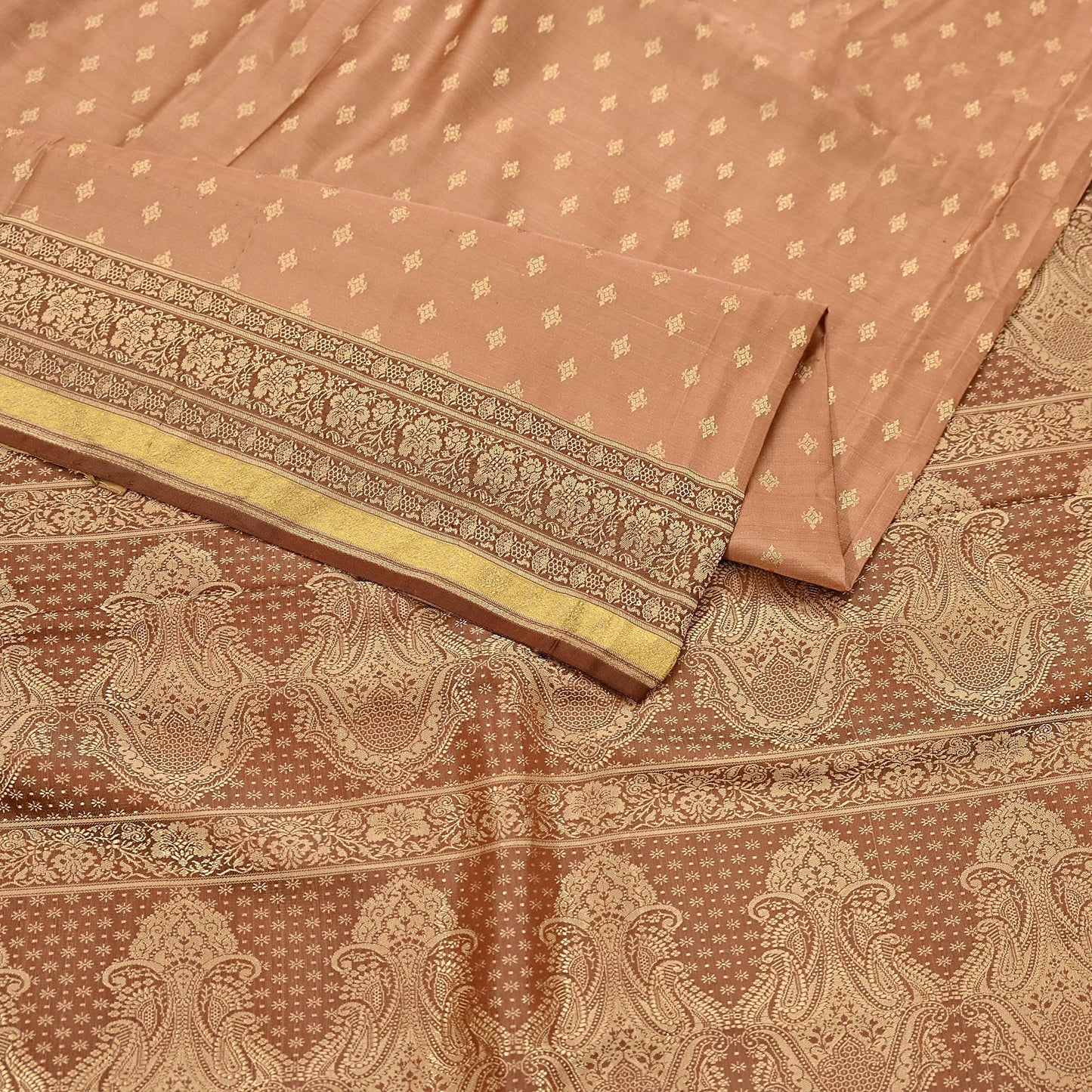 Indian Vintage Sari Brown & Beige Heavy Pure Satin Silk Woven Banarasi Tanchoi Saree 5Yd Ethnic Craft Fabric Upcycle Bridal Heavy Sarees